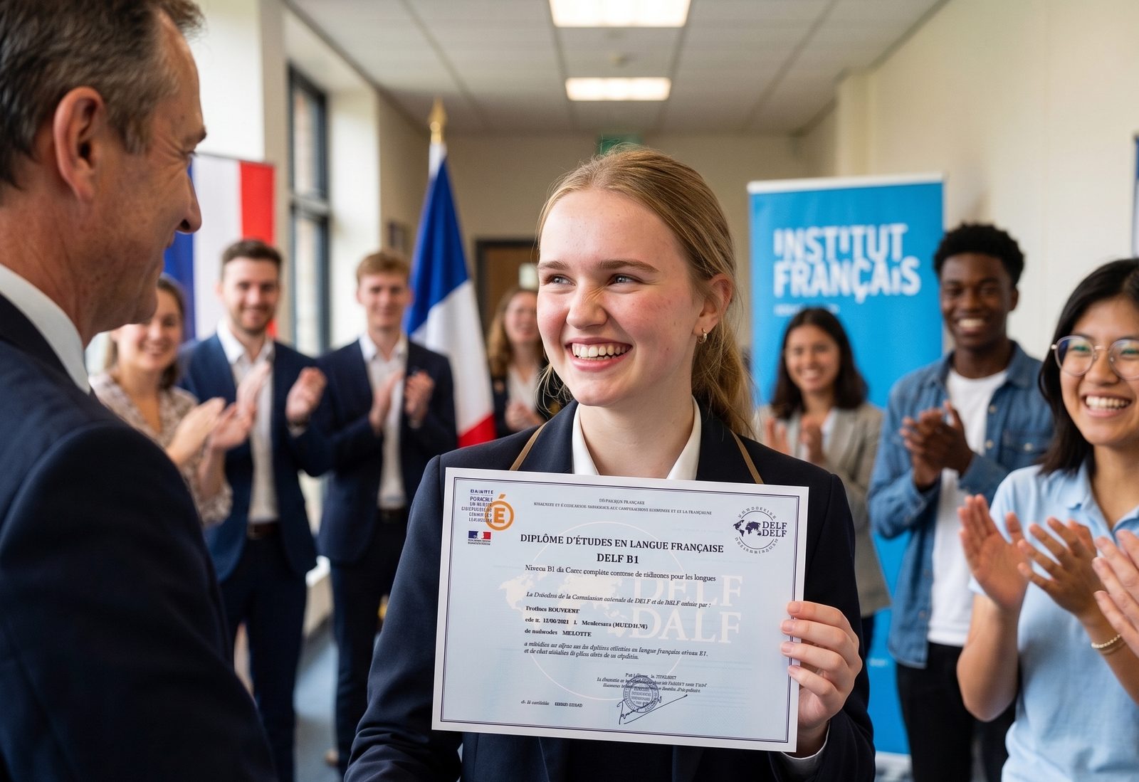 A learner receiving her DELF B1 diploma and shaking hands, applauded by a group of fellow students