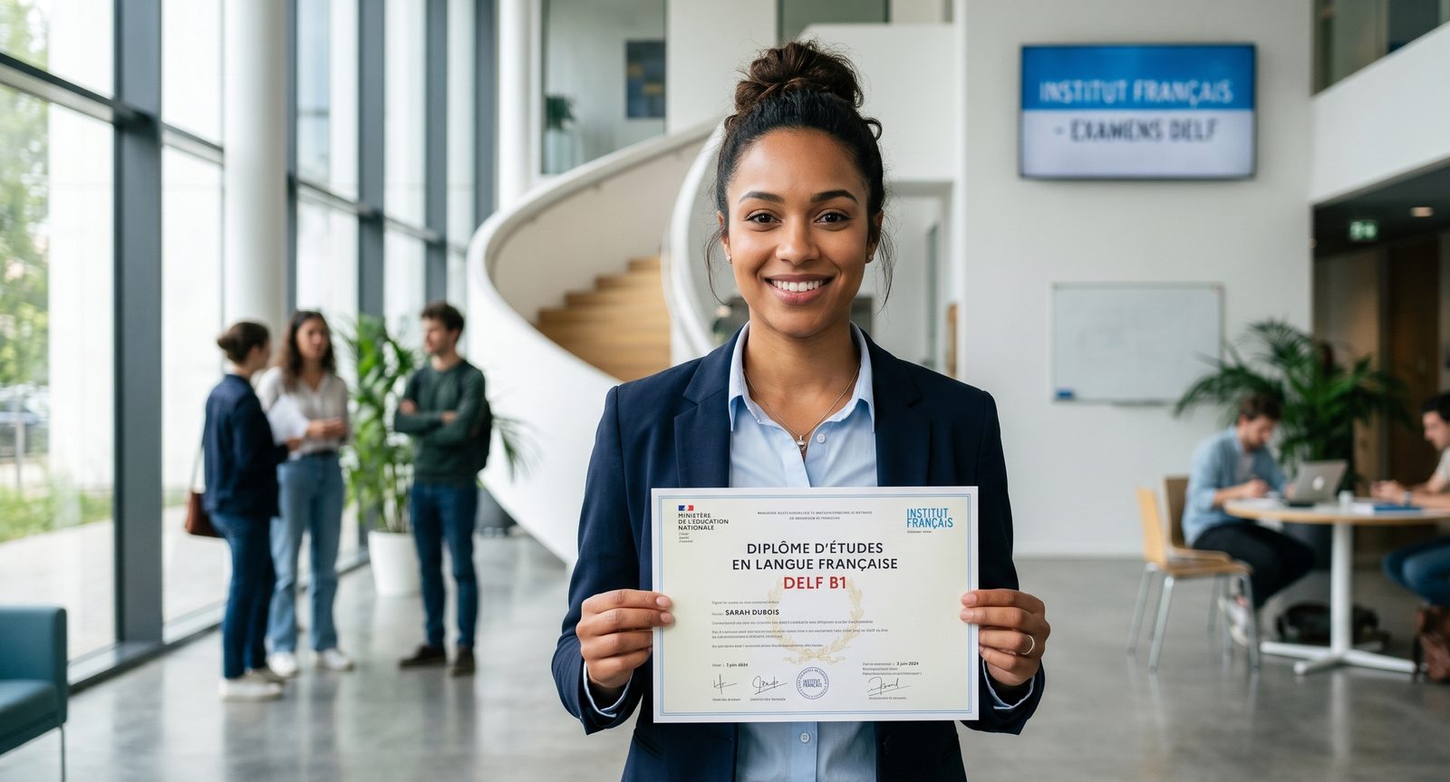A smiling learner in a French institute holding her DELF B1 diploma, with other students in the background
