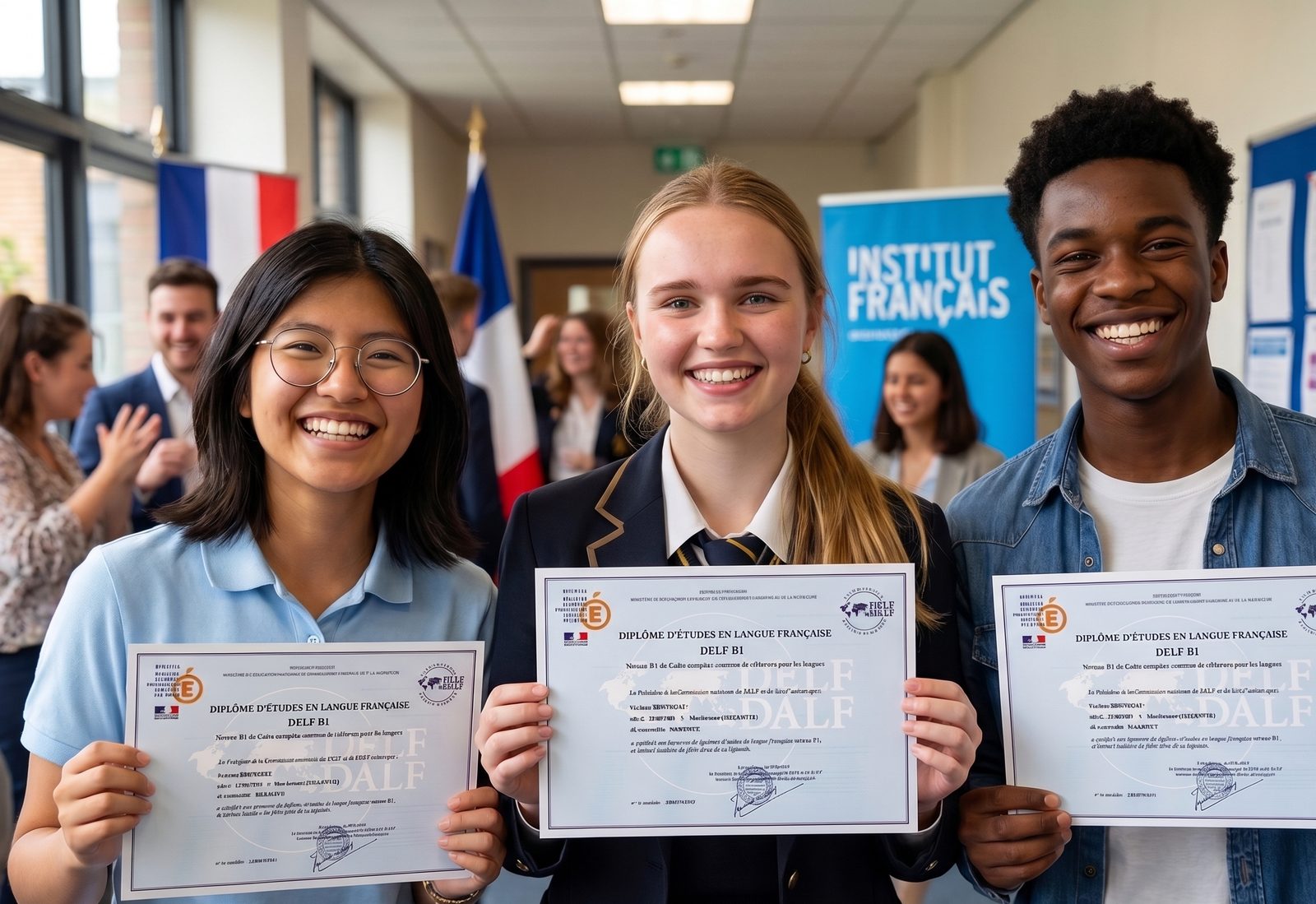 Three international students smiling, each holding a DELF B1 diploma, in front of a French flag and an Institut Français banner