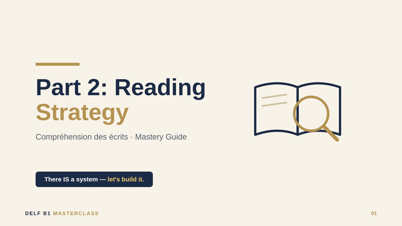 Course title slide 'Part 2: Reading Strategy' — Compréhension des écrits mastery guide, with a book and magnifier illustration