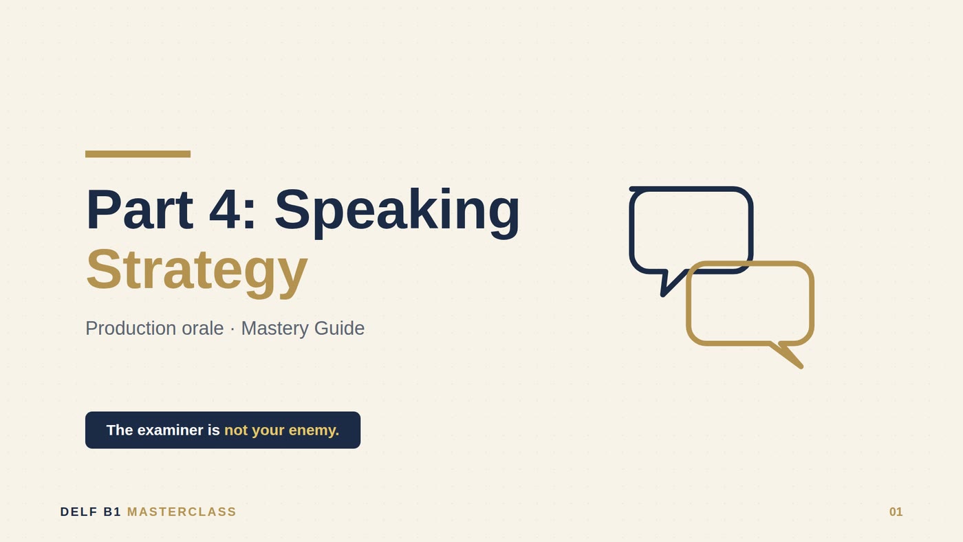 Course title slide 'Part 4: Speaking Strategy' — Production orale mastery guide, with speech-bubble illustration