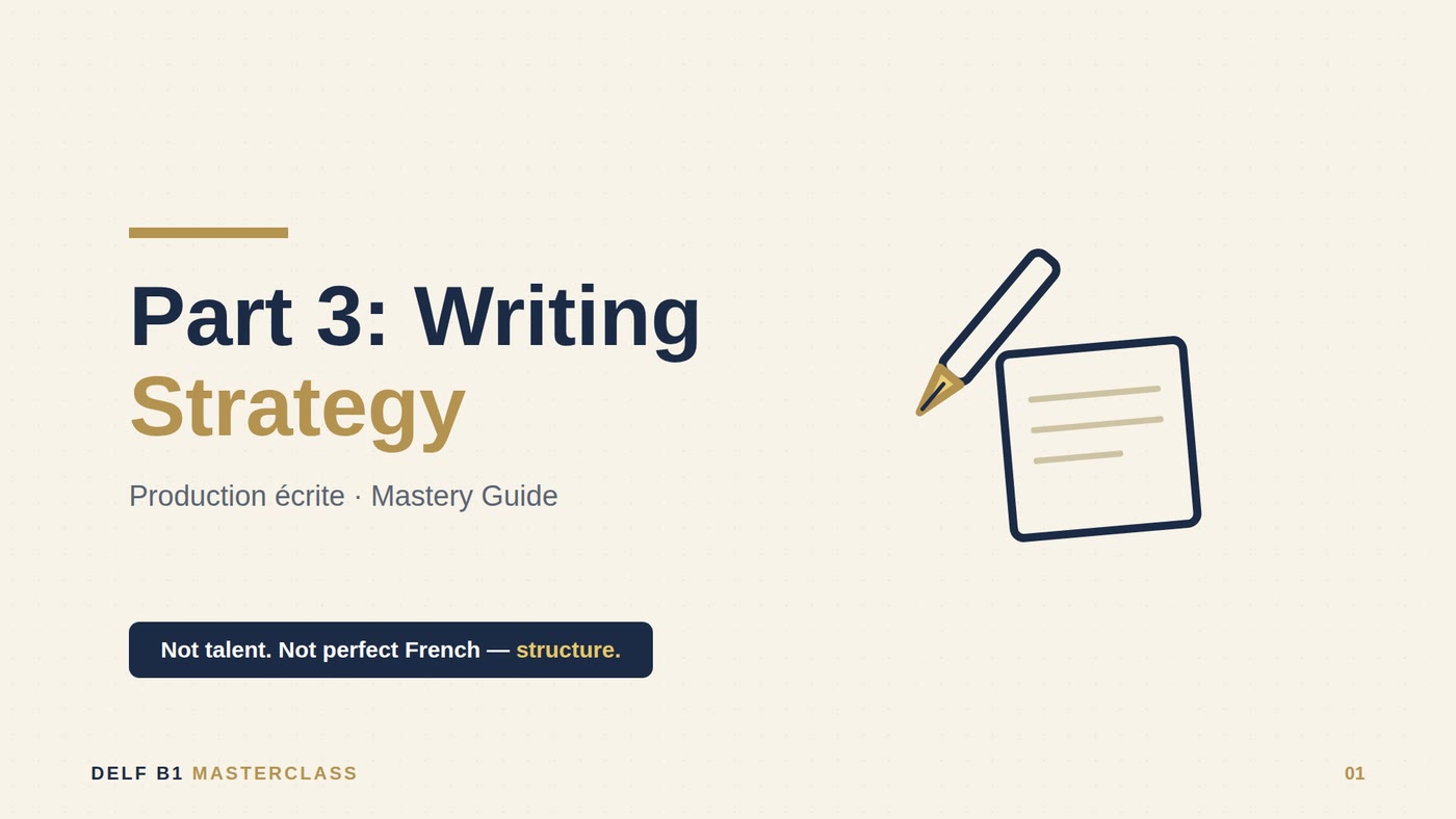 Course title slide 'Part 3: Writing Strategy' — Production écrite mastery guide, with a pen and paper illustration